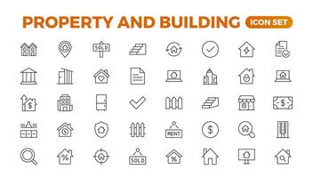 Set of line icons related to real estate, property, buying, renting, house, home. Outline icon collection. illustration. Real estate Big UI set in a flat design. Thin outline pack. vector