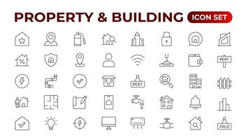 Set of line icons related to real estate, property, buying, renting, house, home. Outline icon collection. illustration. Real estate Big UI set in a flat design. Thin outline pack. vector