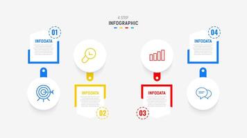 cuatro paso infografía elemento diseño modelo para presentación. proceso diagrama y presentaciones paso, flujo de trabajo disposición, bandera, fluir cuadro, informacion gráfico ilustración. vector