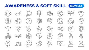 Set of self awareness icons. Thin linear style icons Pack. Illustration. Volunteering set. Outline set volunteering icon. Soft skills icon Containing communication, empathy, assertiveness. vector