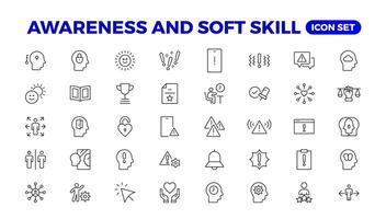 Set of self awareness icons. Thin linear style icons Pack. Illustration. Volunteering set. Outline set volunteering icon. Soft skills icon Containing communication, empathy, assertiveness. vector