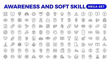 Set of self awareness icons. Thin linear style icons Pack. Illustration. Volunteering set. Outline set volunteering icon. Soft skills icon Containing communication, empathy, assertiveness. vector