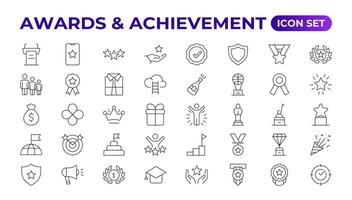 Reward icon set. Success icon, Contains icons prize, trophy, winner, gift, bonus card illustration.Set of Winner medal, cup and Laurel wreath award icons. Award line Reward, Certificate. vector