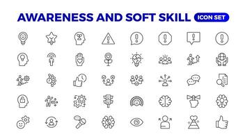 Set of self awareness icons. Thin linear style icons Pack. Illustration. Volunteering set. Outline set volunteering icon. Soft skills icon Containing communication, empathy, assertiveness. vector