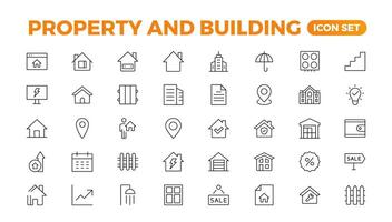 Set of line icons related to real estate, property, buying, renting, house, home. Outline icon collection. illustration. Real estate Big UI set in a flat design. Thin outline pack. vector