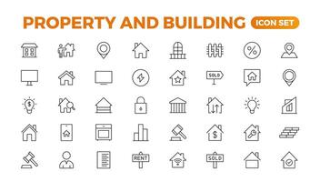 Set of line icons related to real estate, property, buying, renting, house, home. Outline icon collection. illustration. Real estate Big UI set in a flat design. Thin outline pack. vector