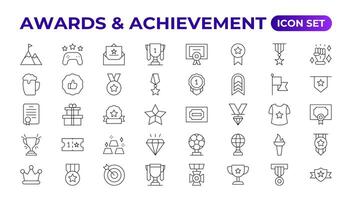 Reward icon set. Success icon, Contains icons prize, trophy, winner, gift, bonus card illustration.Set of Winner medal, cup and Laurel wreath award icons. Award line Reward, Certificate. vector