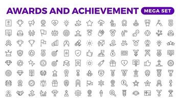 Reward icon set. Success icon, Contains icons prize, trophy, winner, gift, bonus card illustration.Set of Winner medal, cup and Laurel wreath award icons. Award line Reward, Certificate. vector