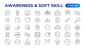 Set of self awareness icons. Thin linear style icons Pack. Illustration. Volunteering set. Outline set volunteering icon. Soft skills icon Containing communication, empathy, assertiveness. vector