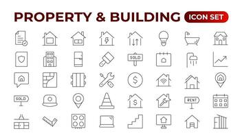 Set of line icons related to real estate, property, buying, renting, house, home. Outline icon collection. illustration. Real estate Big UI set in a flat design. Thin outline pack. vector