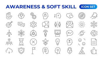 Set of self awareness icons. Thin linear style icons Pack. Illustration. Volunteering set. Outline set volunteering icon. Soft skills icon Containing communication, empathy, assertiveness. vector