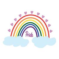 vistoso arco iris con nubes y pequeño corazones. mano letras rosado. concepto mes orgullo, lgbtq vector