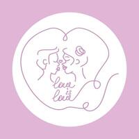 Poster with kissing woman. Hand lettering love is love. The theme of month pride, lgbtq, love. In white circle, on pink background vector