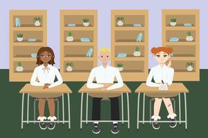 Cute girl and boy with different hair sitting at a school desk in school class with 4 wardrobes with books. Back to school edition. Flat vector
