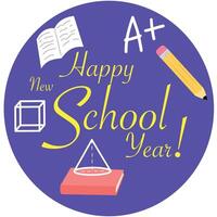 Yellow Lettering on purple circle with school things set book pencil mark cube. Back to school edition. Flat vector