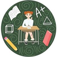 Cute girl with red hair sitting at a school desk, near mark book pencil cube, on green circle. Back to school edition. Flat vector