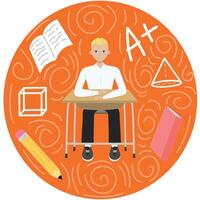 linda chico con rubia pelo sentado a un colegio escritorio, cerca marca libro lápiz cubo, en naranja círculo. espalda a colegio edición. plano vector