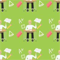 Seamless pattern Cute boy with blonde hair sitting at a school desk near book pencil. Back to school edition. Flat . Background green vector