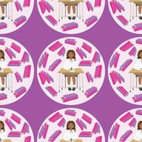 Seamless pattern Cute girl with brown hair sitting at a school desk near books. Back to school edition. Flat . Background pink vector