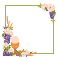 Square frame with first communion symbols. . Composition from a golden bowl for wine, bread, wine, grapes, white roses. Beautiful design elements for an invitation to the Holy Eucharist. vector