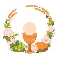 Symbols of the first communion in a round composition, wreath. . Golden bowl for wine, bread, wine, grapes, white roses. Elements for beautiful invitation design. vector