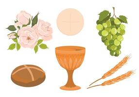 elementos de un católico primero comunión. colocar. dorado cuenco para vino, pan, vino, uvas, blanco rosas. elementos para hermosa invitación diseño. vector