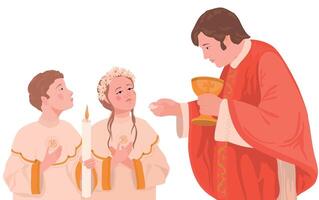 Children in the church during the first communion. The priest is holding bread. illustration. A ceremony in the Christian tradition, a member of the church receives the Eucharist. vector