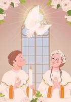 Girl boy during the first communion. Manifestation of the holy spirit in the form of a white radiant dove. Church member receiving the Eucharist vector