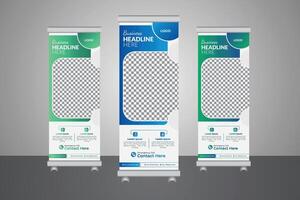 Professional medical healthcare roll-up banner design uses a minimal standee banner template set for promotional purposes, utilizing geometric shapes, editable AI vector