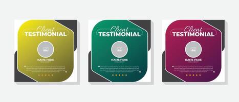 Client endorsement template in editable format. Social media post template for customer reviews or testimonials, Three colorful variation vector