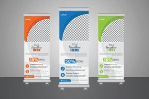 Roll-up design banner, inventive triangle abstract background, presentation banner, product and event advertisement, brochure or booklet background, and advertising background vector
