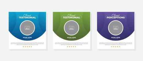 Creative and modern client testimonials social media post banner design template, Square size 3 colorful layout vector