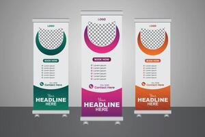 Roll-up banner design featuring images and patterns in the shape of hexagons. editable set of editable vertical templates vector