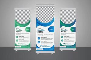 Contemporary roll-up banner design for medical and healthcare professionals, simple standee banner template set with wavy shapes, editable AI vector
