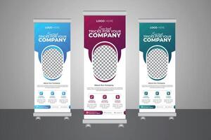 Innovative business roll-up banner design with a round layout, a geometric triangle, and an x-banner design template for exhibition ads vector