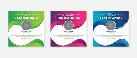 Client testimonial social media post design, client testimonials social media post banner design template, Square size 3 colorful layout. vector