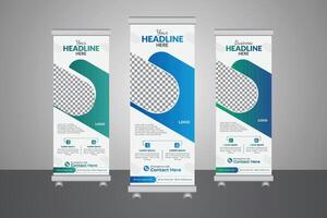 Using geometric shapes and editable AI, this modern professional medical healthcare roll-up banner design uses a minimal standee banner template set for promotional purposes. vector