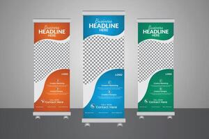 Roll-up banner stand template design, Three gradient colorful layout, pull-up banner, business flyer, display, x-banner, flag-banner, infographics, presentation, and polygon background vector