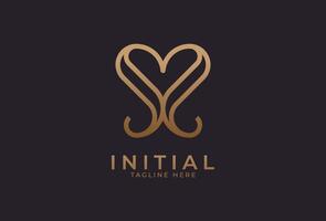Abstract initial S or SS Love logo, letter S with heart icon combination in gold colour line style, usable for brand, card and invitation, logo design template element, illustration vector
