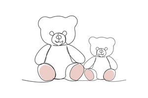 Cute teddy bears one-line art drawing. Teddy toy continuous outline vector