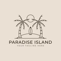 paradise beach logo line art with surf board, island illustration minimalist template design. vector