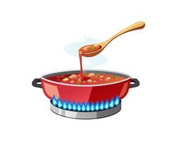 Cooking pot with soup on the stove isolated on white background. vector