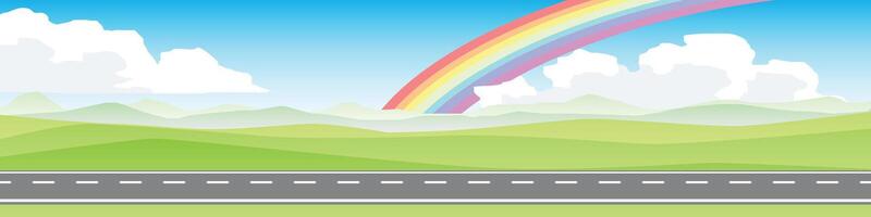 Horizontal view of empty asphalt road. Background of plain grassland and hills with mountain. Under the white clouds and blue sky. rainbow in the middle of the sky vector