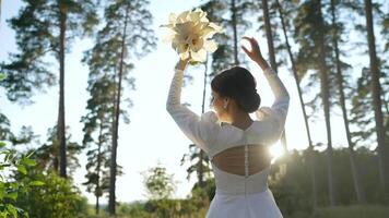 un hermosa novia ascensores un ramo de flores encima su cabeza en contra el fondo de puesta de sol. el novia levanta su manos. un novia en un blanco vestir bailes en el bosque en contra el fondo de un puesta de sol elefante. video