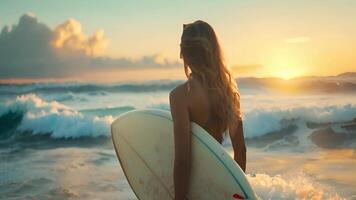 een vrouw staat Aan een strand, Holding een surfboard in haar hand. video