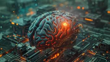 uma humano cérebro iluminado com luz em uma pano de fundo do intrincado circuitos, simbolizando a fusão do tecnologia e inteligência. video