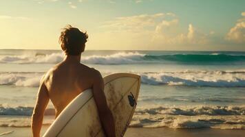 en man står på en sandig strand, innehav en surfingbräda under hans ärm, redo för en dag av surfing. video