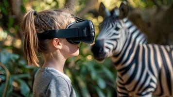 A girl experiencing virtual reality technology next to a zebra in a zoo setting. video