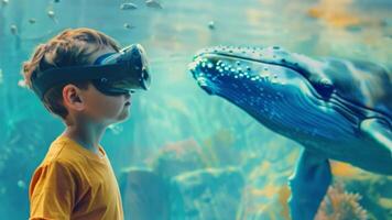 un niño se involucra con un vr auriculares, inmerso en un digital submarino escena presentando un ballena. video