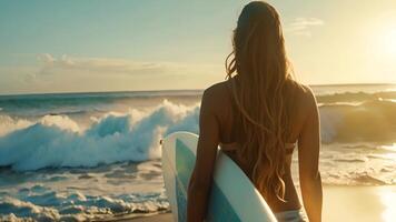 een vrouw staand Aan de strand Holding een surfboard onder de helder zon. video